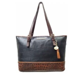 Brahmin Asher Black Tuscan Leather Brown Croc Embossed Handbag Tote